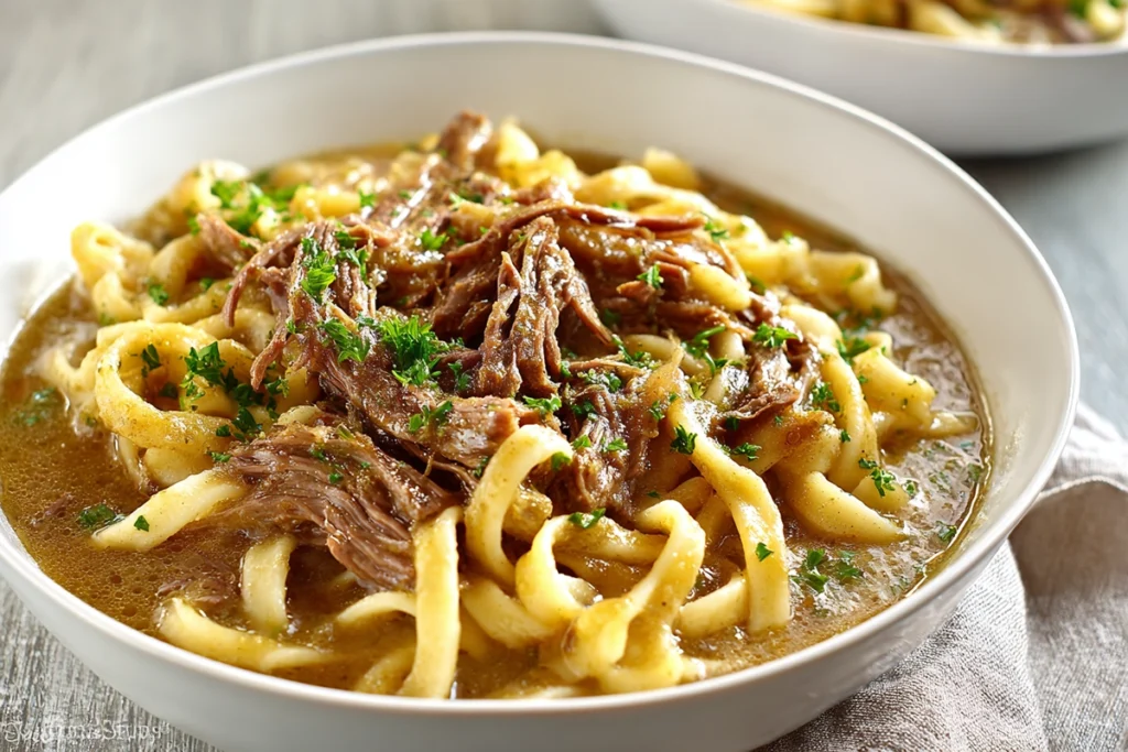 plated serving of slow cooker beef and noodles with natural kitchen lighting