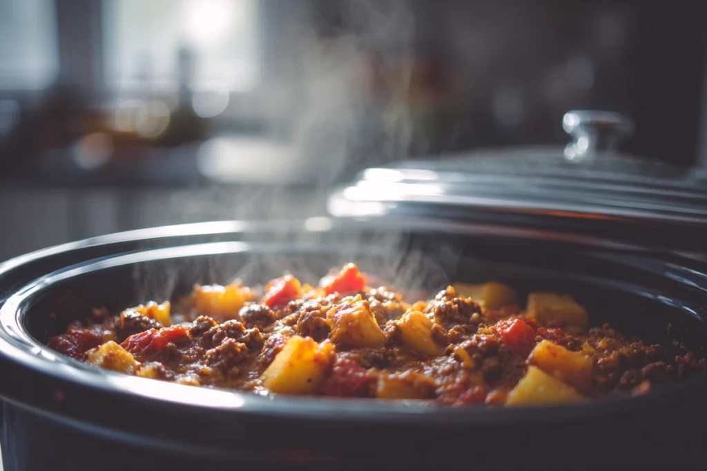 Slow Cooker Cowboy Casserole mid-cook with visible beef, potatoes, and steam in slow cooker