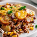 Finished Slow Cooker Cowboy Casserole on white plate with melted cheese and parsley garnish