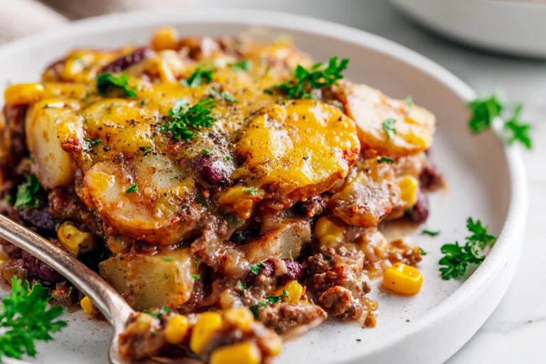 Finished Slow Cooker Cowboy Casserole on white plate with melted cheese and parsley garnish