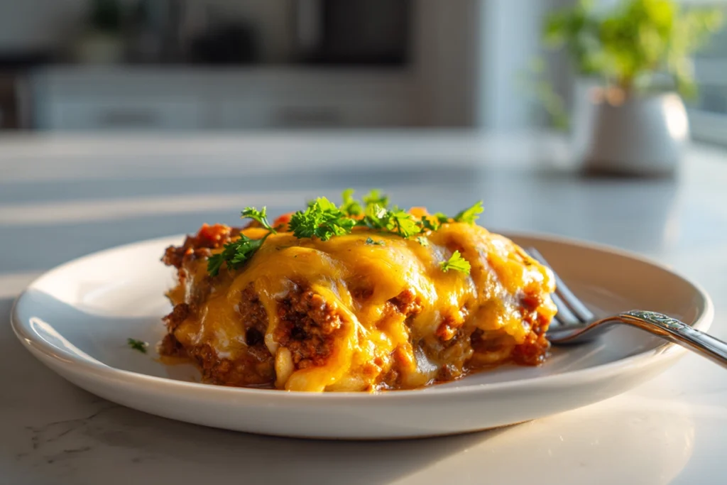 Side view of plated Slow Cooker Cowboy Casserole with melted cheese and parsley garnish