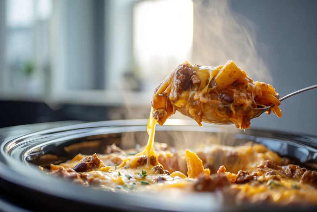 Serving Slow Cooker Cowboy Casserole close-up showing melted cheese and layers of beef and potatoes