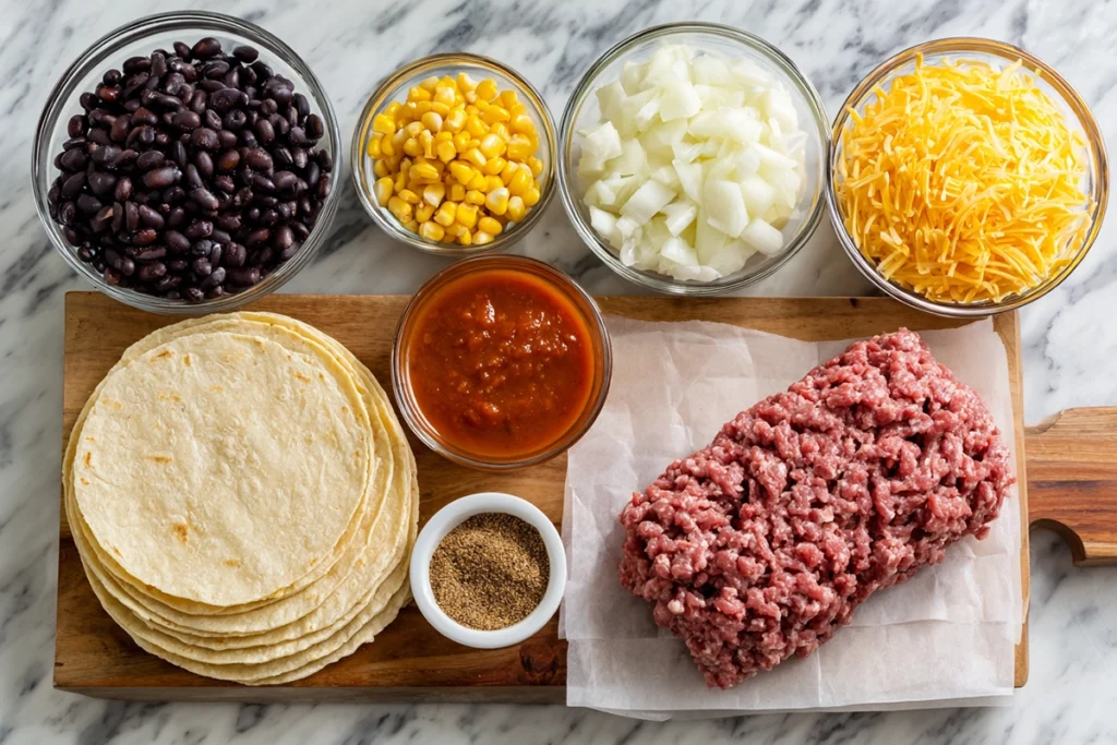 Overhead view of Slow Cooker Enchilada Casserole ingredients including beef, cheese, beans, tortillas, and sauce