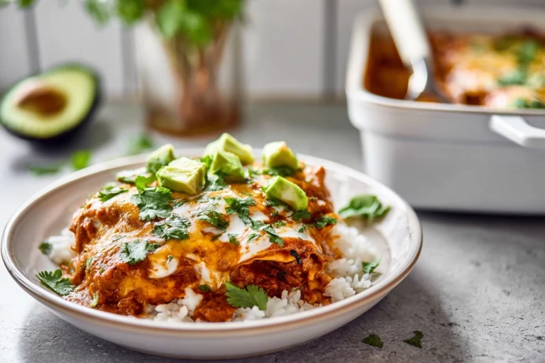 Slow Cooker Enchilada Casserole plated with melted cheese and fresh cilantro garnish