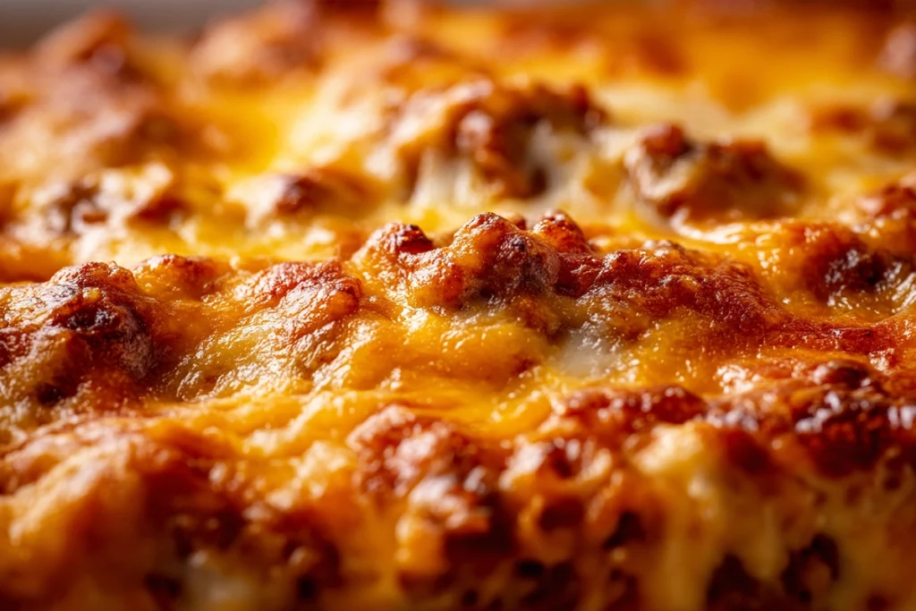 Close-up of melted cheese and bubbling enchilada sauce on Slow Cooker Enchilada Casserole