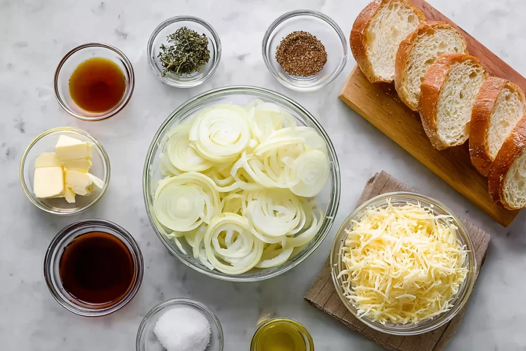 Overhead ingredients layout for Slow Cooker French Onion Soup