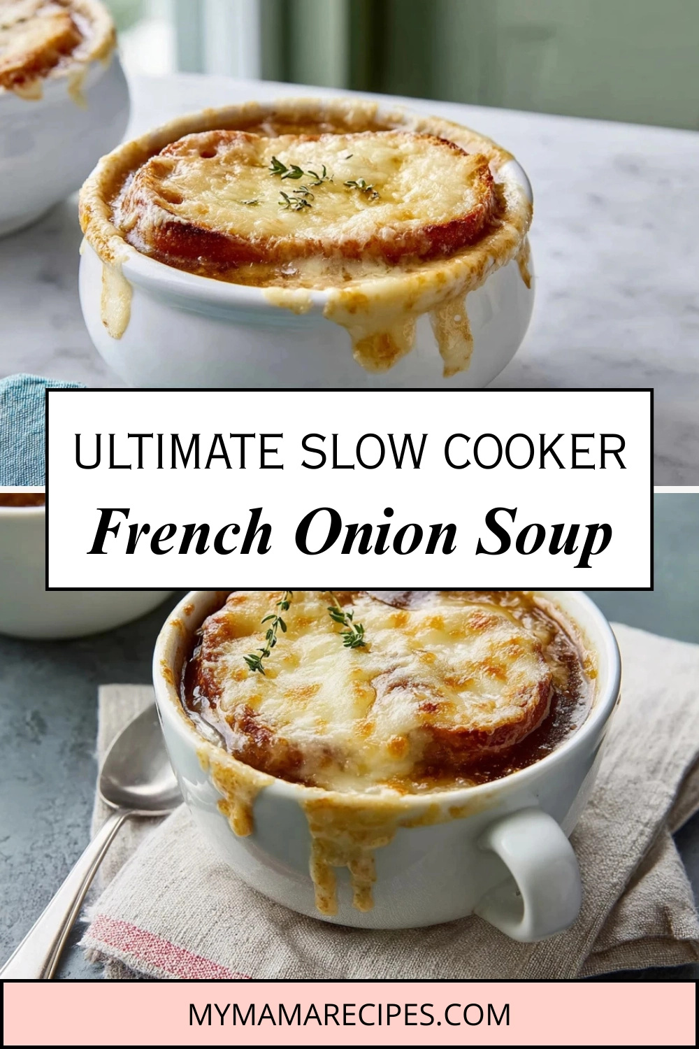 Pinterest image of Slow Cooker French Onion Soup with cheesy toasted baguette
