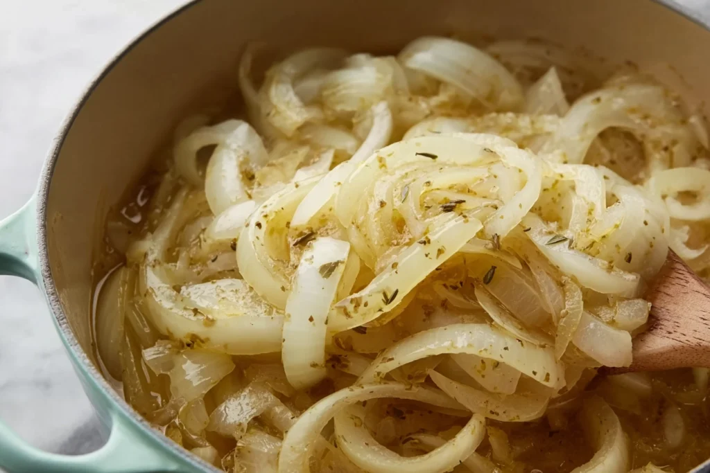 Slow Cooker French Onion Soup onions being prepped with butter and seasonings