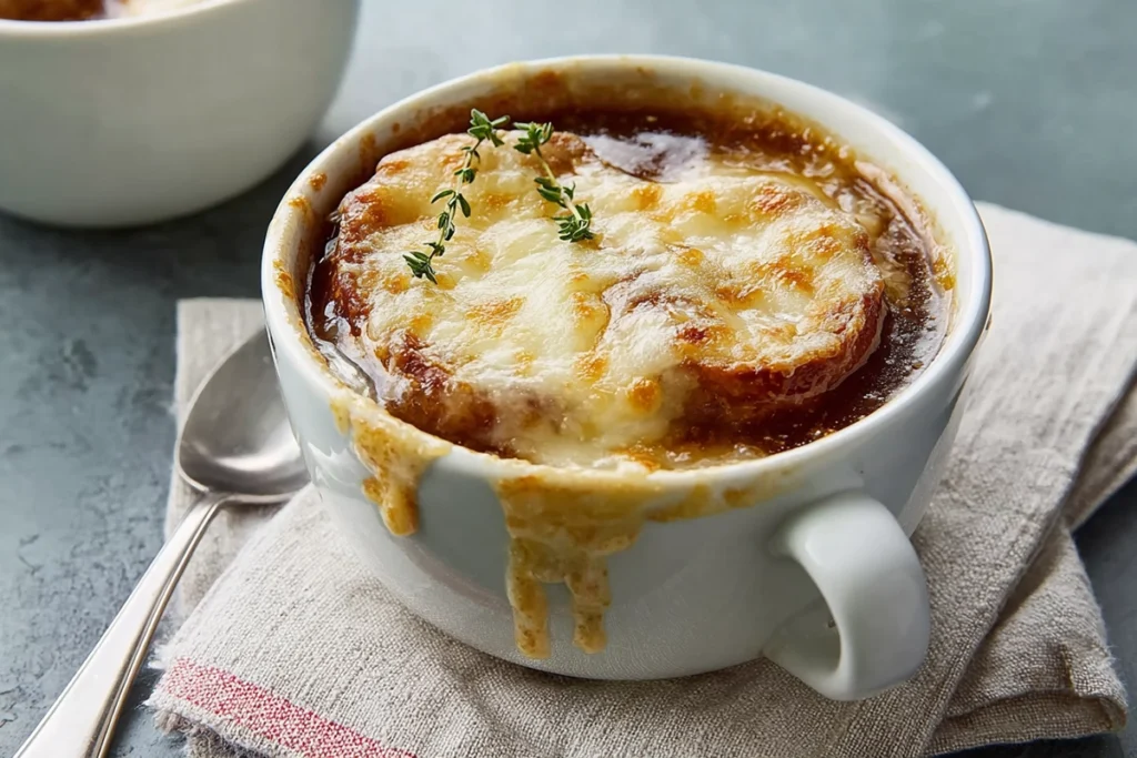 Serving bowl of Slow Cooker French Onion Soup with golden melted cheese