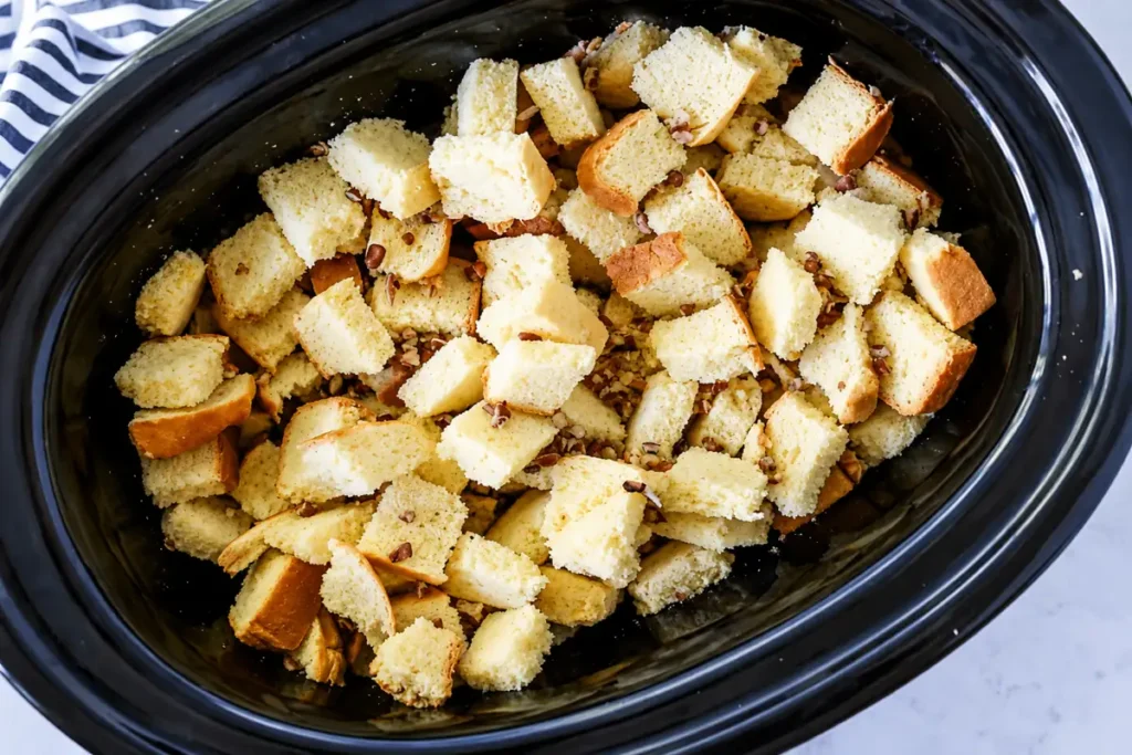 Bread cubes and pecans layered in a slow cooker for Slow Cooker French Toast Casserole