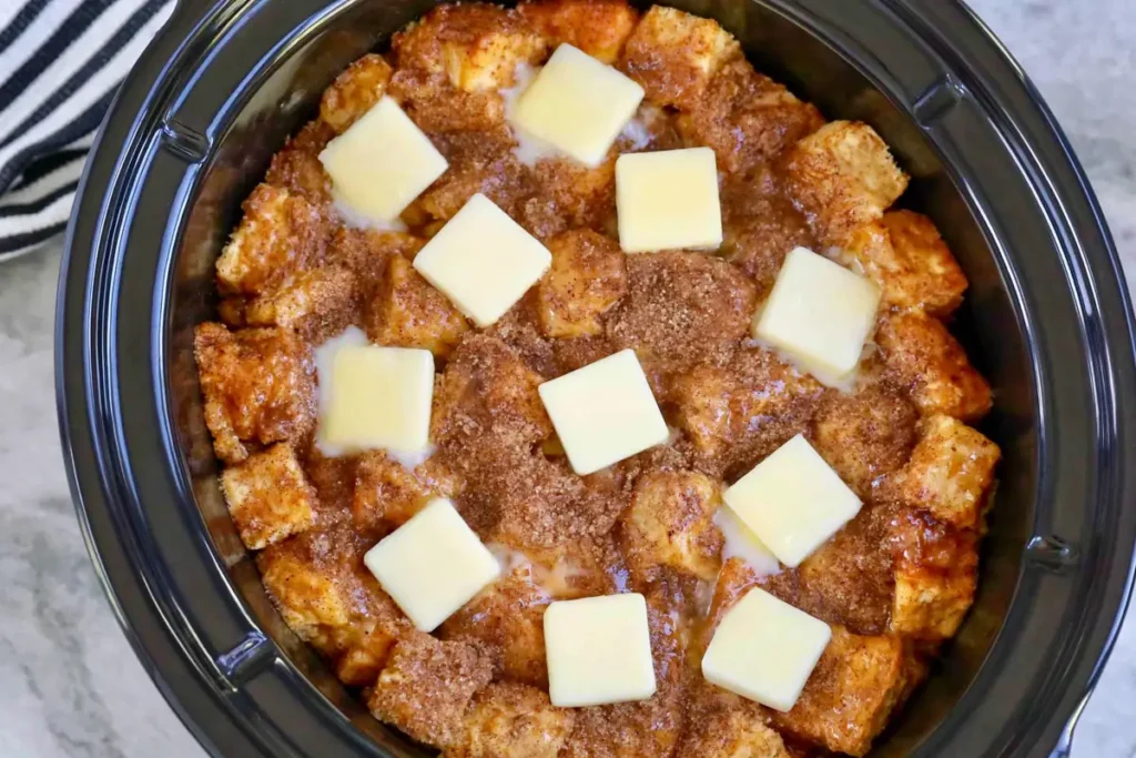 Brown sugar and butter topping on Slow Cooker French Toast Casserole before cooking