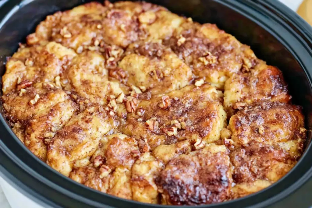 Cooked Slow Cooker French Toast Casserole with golden cinnamon topping in a crockpot