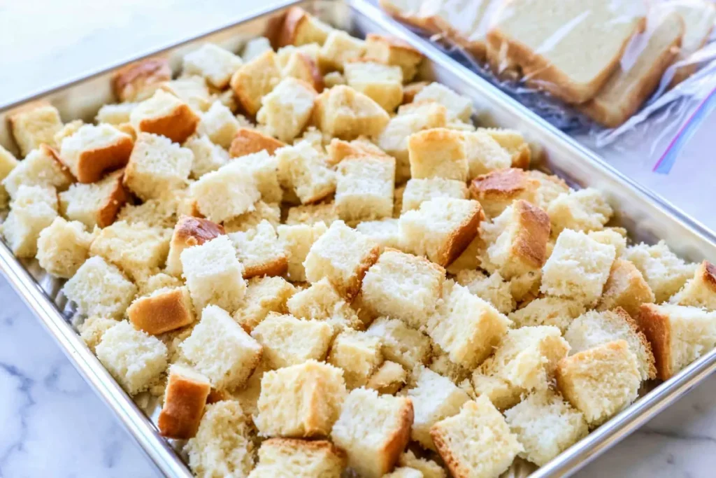 Bread cubes drying on a baking sheet for Slow Cooker French Toast Casserole