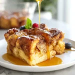 Hero shot of Slow Cooker French Toast Casserole plated with syrup and berries