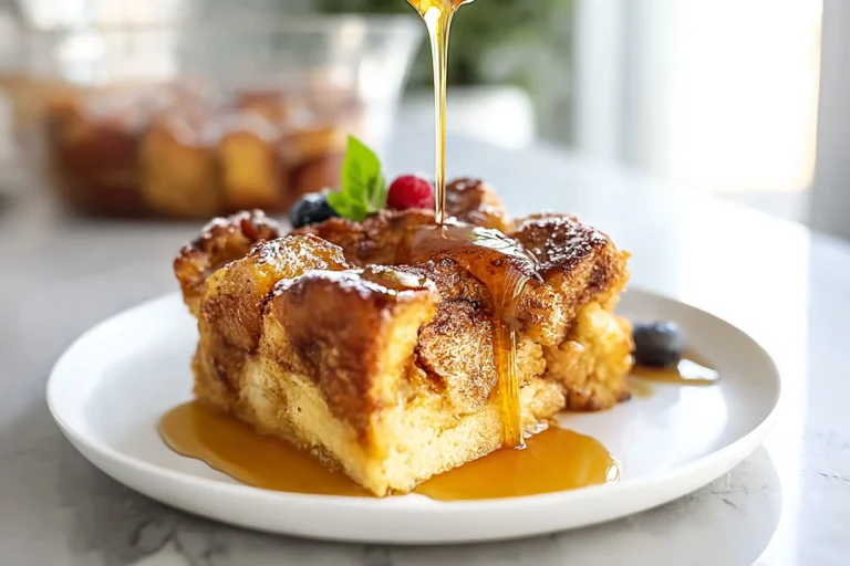 Hero shot of Slow Cooker French Toast Casserole plated with syrup and berries