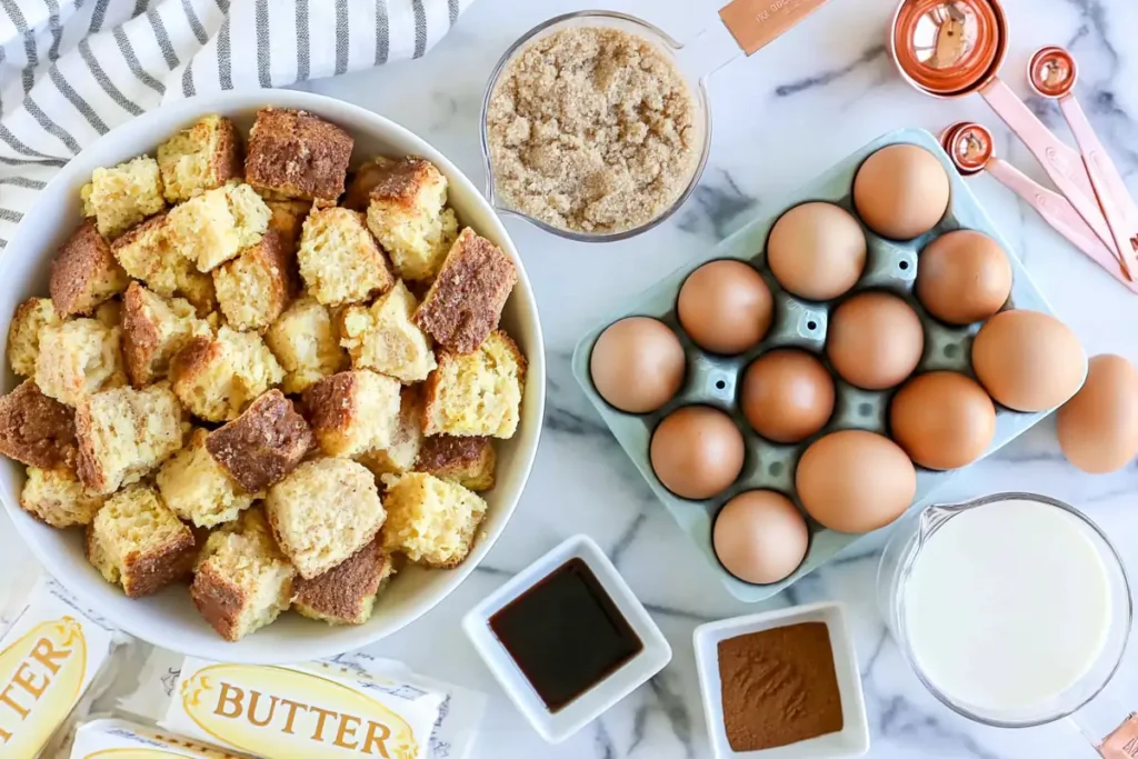 Slow Cooker French Toast Casserole ingredients with bread cubes eggs milk cinnamon and pecans