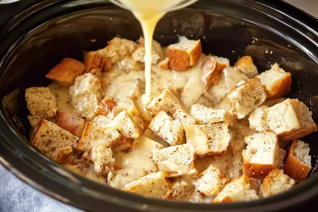 Custard being poured over bread for Slow Cooker French Toast Casserole