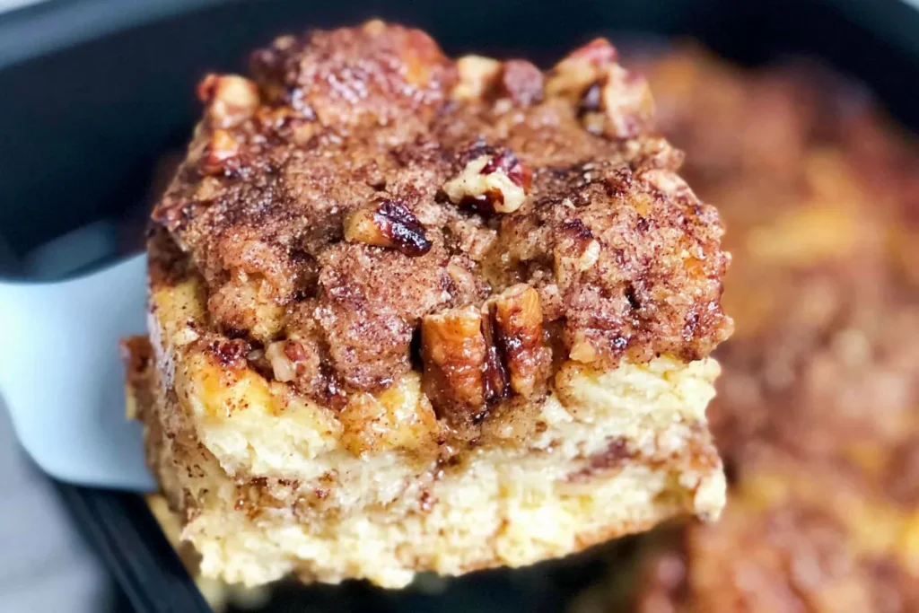 Slow Cooker French Toast Casserole served from the crockpot with cinnamon pecan topping