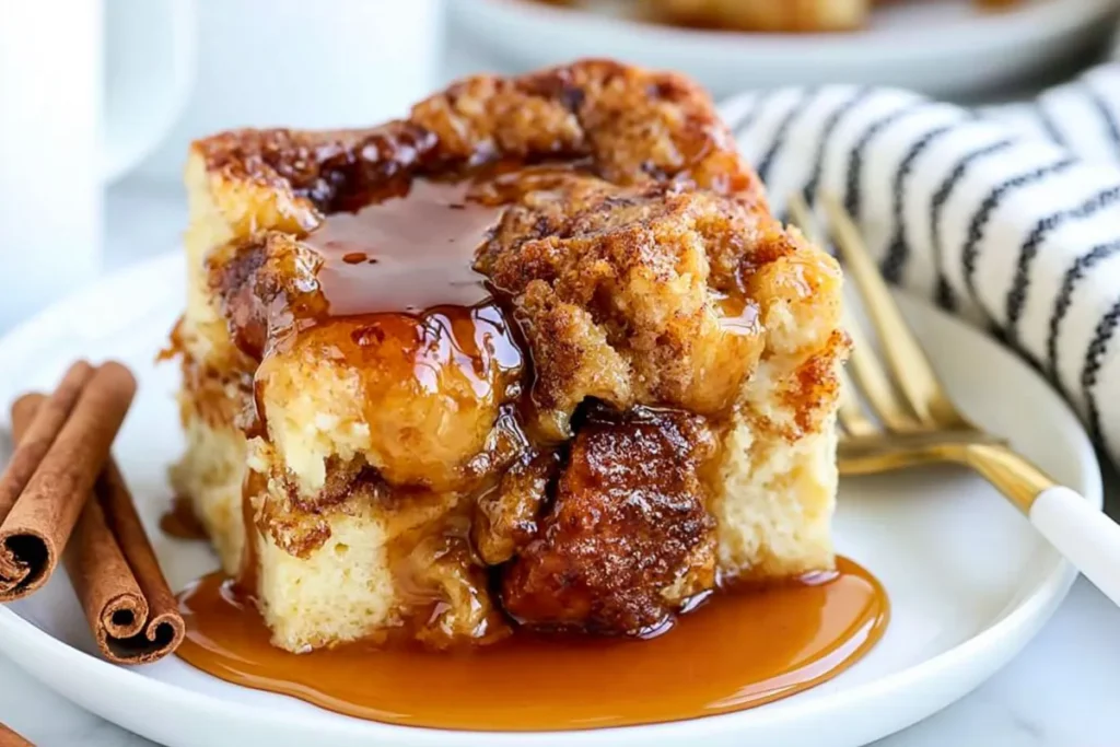 Slow Cooker French Toast Casserole slice with maple syrup and cinnamon pecan topping