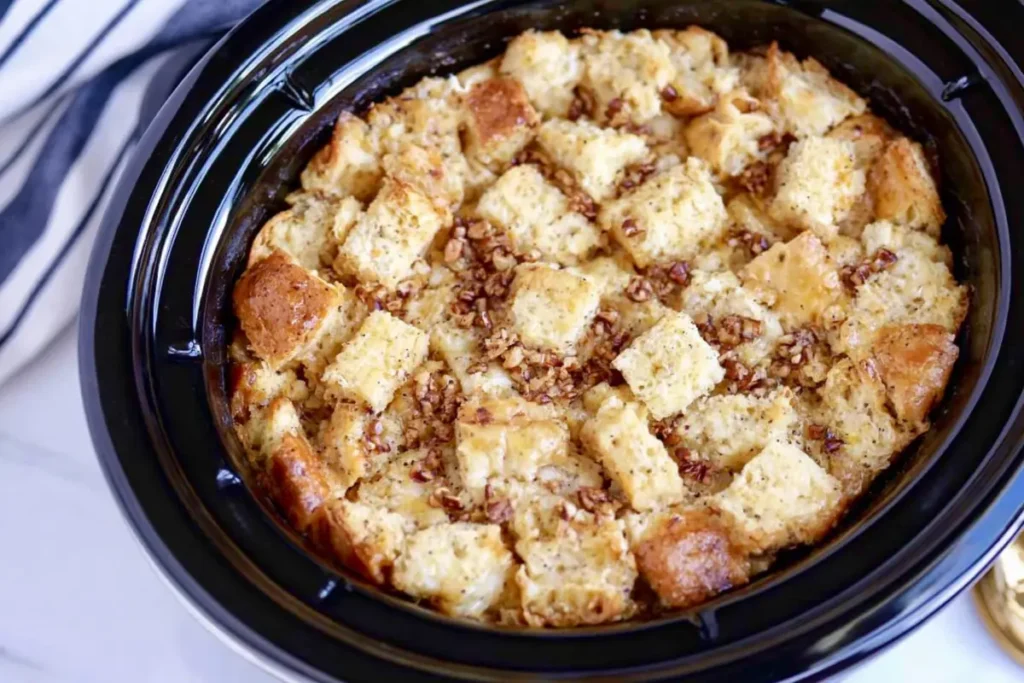 Soaked bread and custard mixture inside the slow cooker for Slow Cooker French Toast Casserole