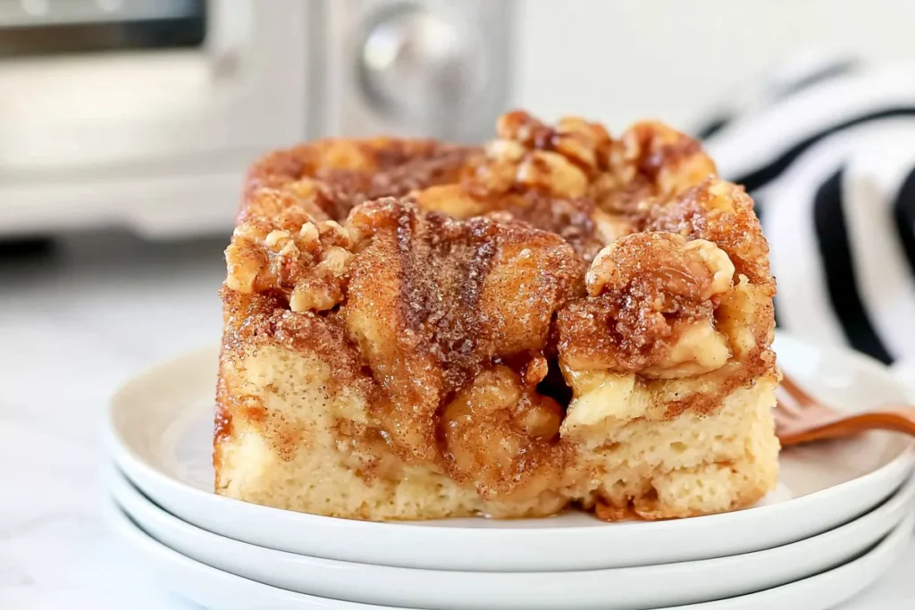 Tender Slow Cooker French Toast Casserole slice showing soft custard texture and cinnamon topping