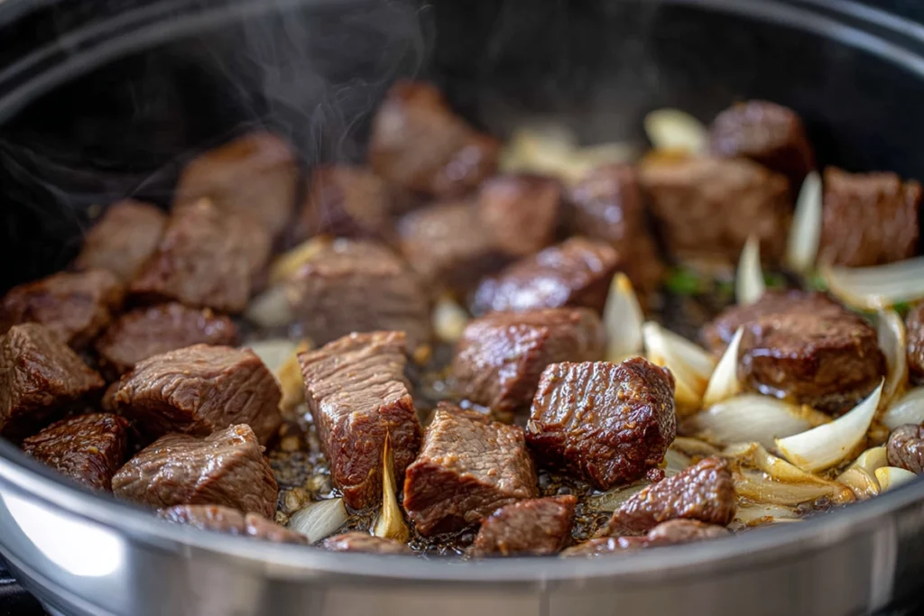 Overhead view of raw ingredients layered in a slow cooker for Garlic Butter Beef Bites