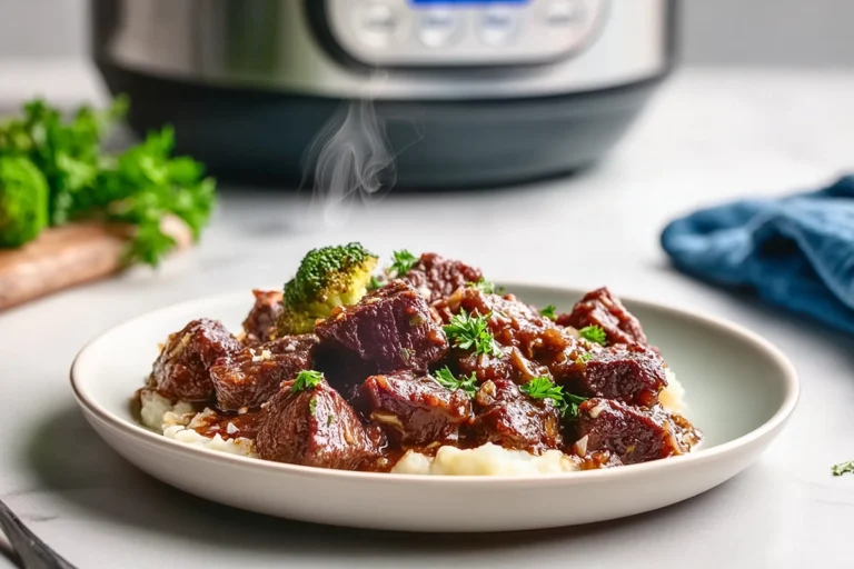 Overhead view of raw ingredients layered in a slow cooker for Garlic Butter Beef Bites