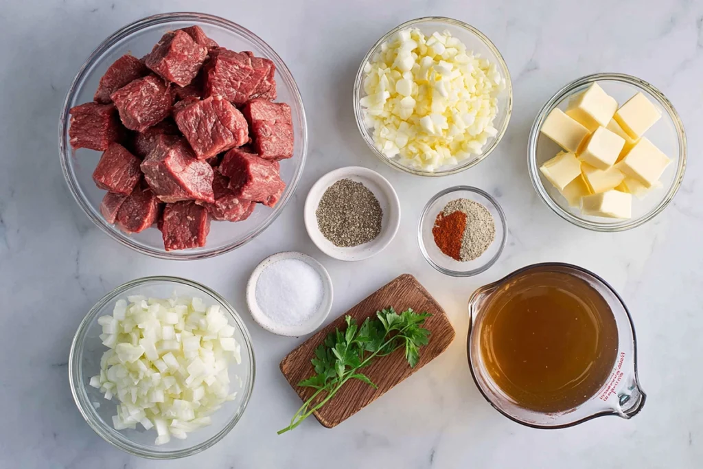 Overhead image of Slow Cooker Garlic Butter Beef Bites ingredients arranged in glass bowls