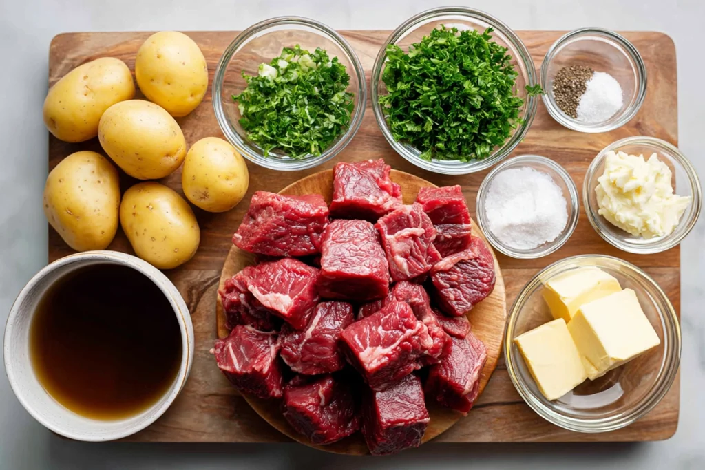 Slow Cooker Garlic Butter Beef Bites Potatoes ingredients arranged in glass bowls and wooden board