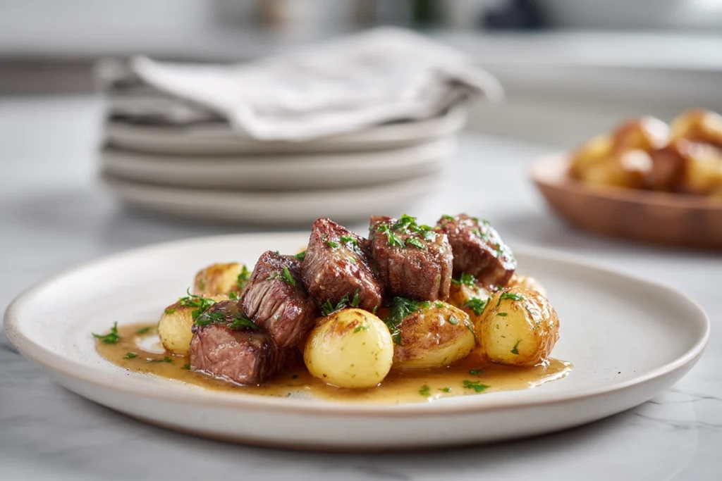 Slow Cooker Garlic Butter Beef Bites Potatoes served family-style with side dishes