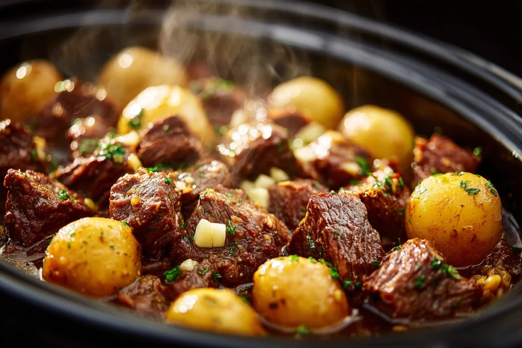 Slow Cooker Garlic Butter Beef Bites Potatoes cooking in crockpot with garlic butter and herbs