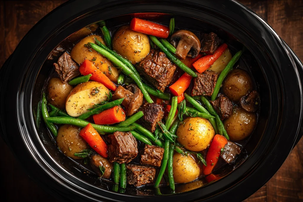 Slow Cooker Garlic Butter Beef Bites Potatoes garnished with fresh parsley and melted butter