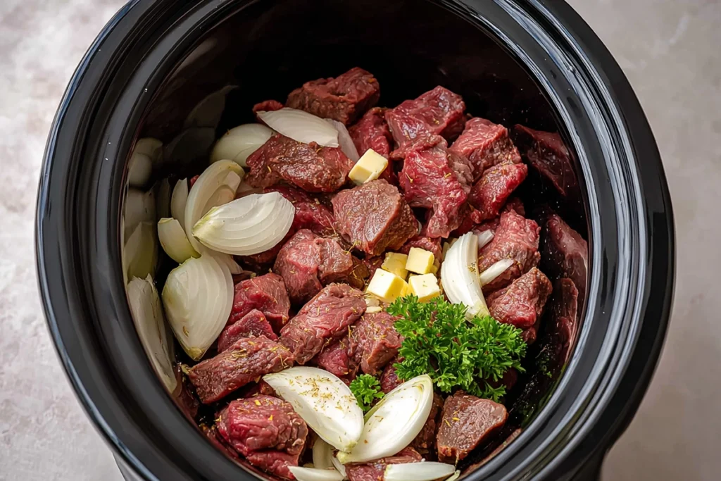 Beef cubes sizzling in butter during the searing step of Slow Cooker Garlic Butter Beef Bites