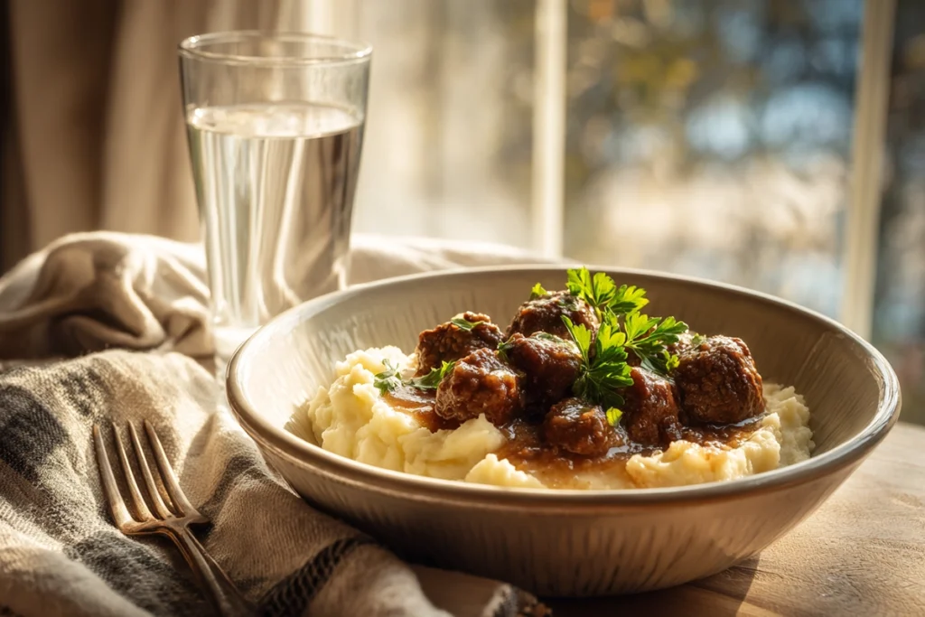 Slow Cooker Garlic Butter Beef Bites served on a white plate in natural daylight