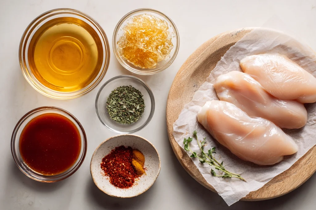 Overhead image of Slow Cooker Hot Honey Chicken Sandwiches ingredients in modern kitchen