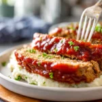 Slow Cooker Meatloaf served on a white plate in a modern kitchen