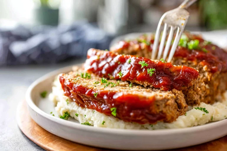Slow Cooker Meatloaf served on a white plate in a modern kitchen