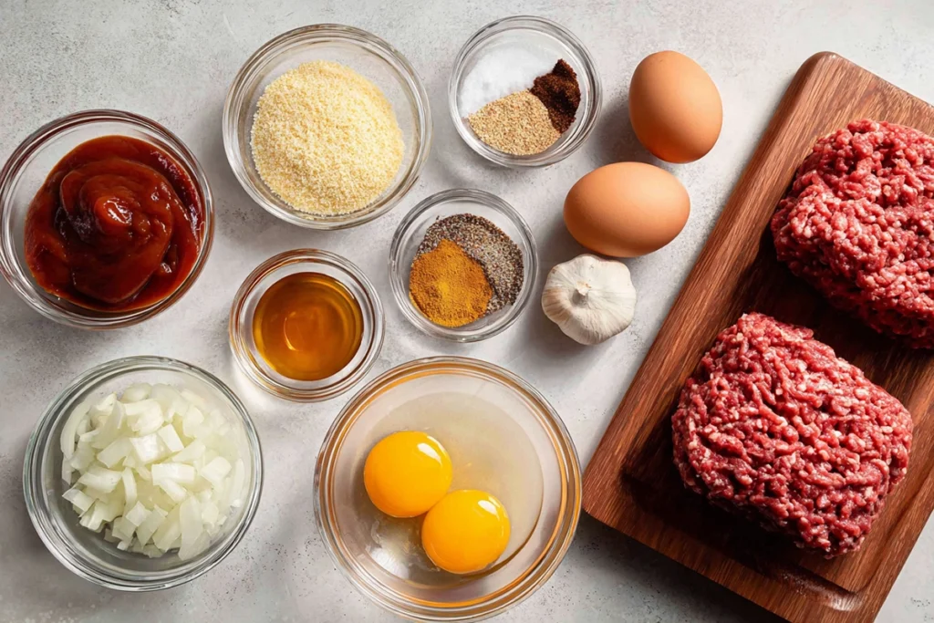 Overhead photo of Slow Cooker Meatloaf ingredients arranged neatly