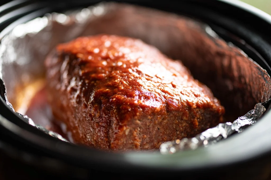 Formed Slow Cooker Meatloaf resting on foil inside crock-pot