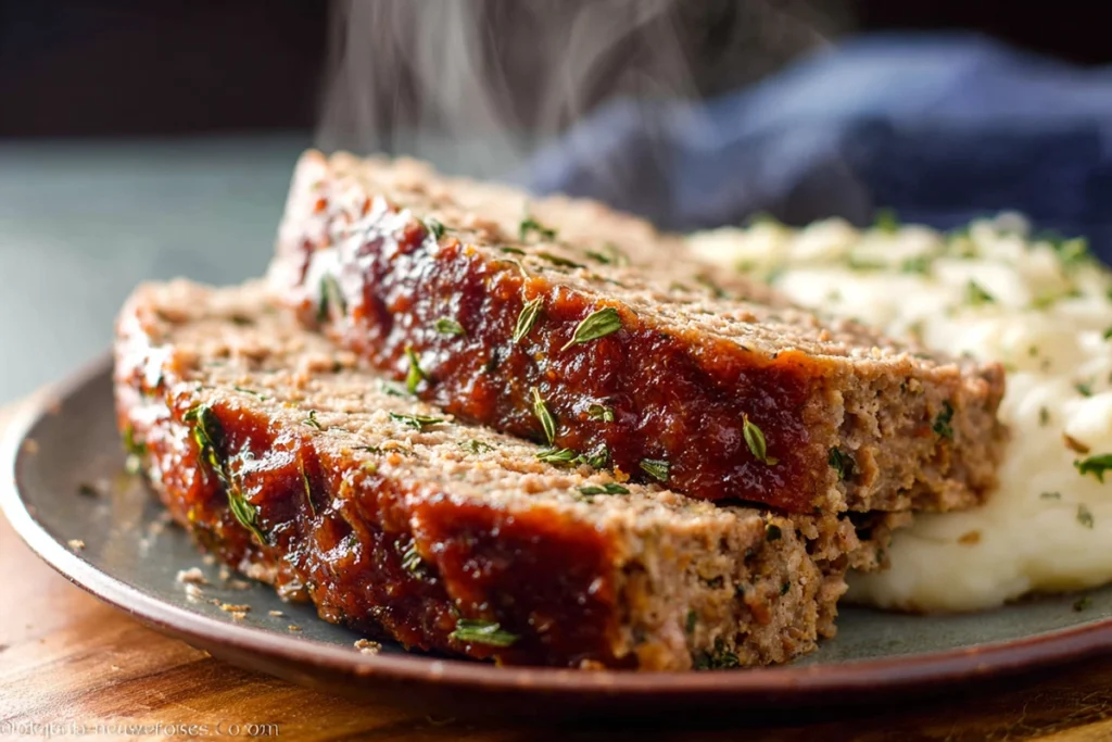 Close-up of sliced Slow Cooker Meatloaf showing tender texture