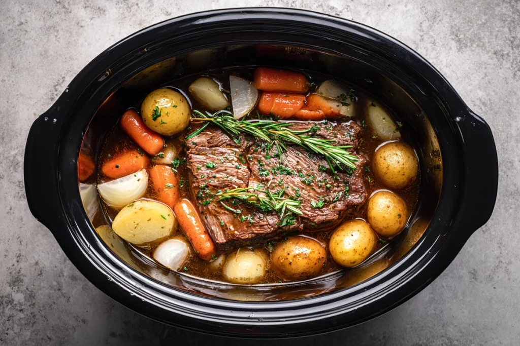 slow cooker pot roast ingredients arranged in crockpot before cooking