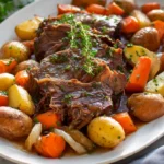 tender slow cooker pot roast with carrots potatoes and gravy on white plate