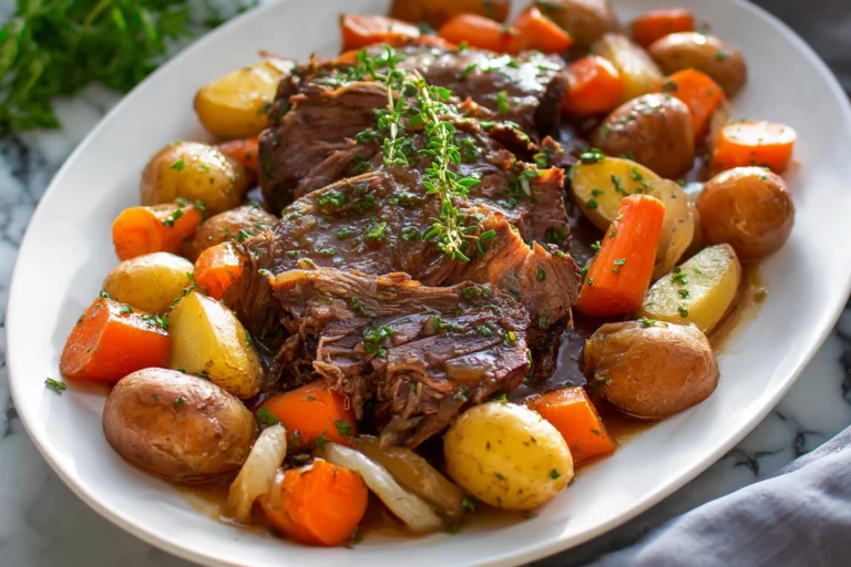 tender slow cooker pot roast with carrots potatoes and gravy on white plate