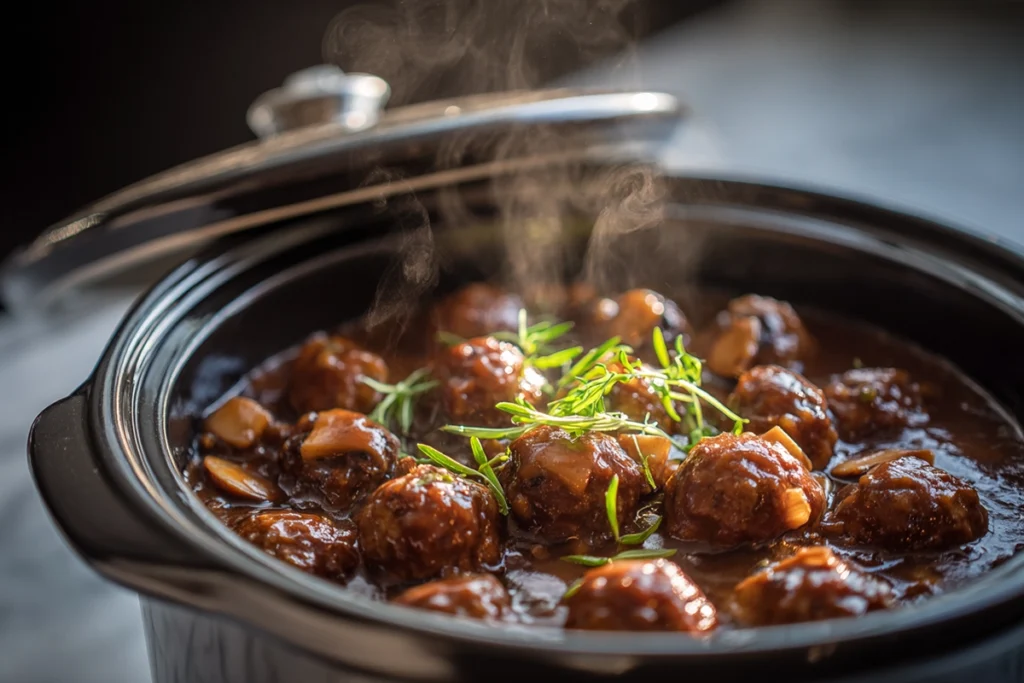 Slow cooker filled with Salisbury Steak Meatballs simmering in brown gravy