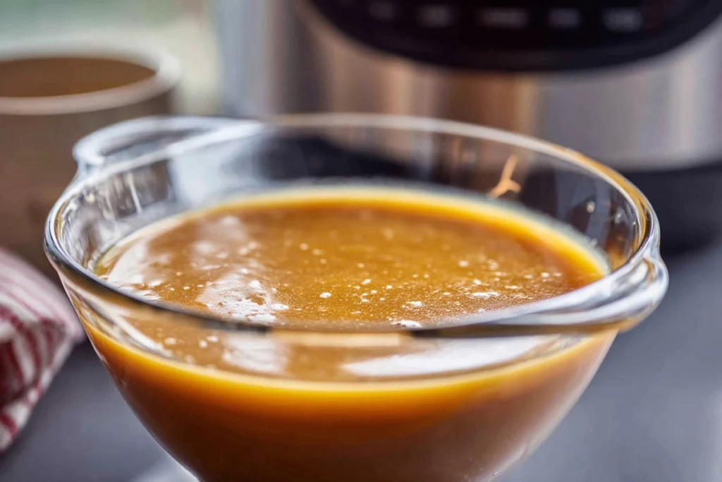 Close-up of gravy mixture prepared for Slow Cooker Salisbury Steak Meatballs