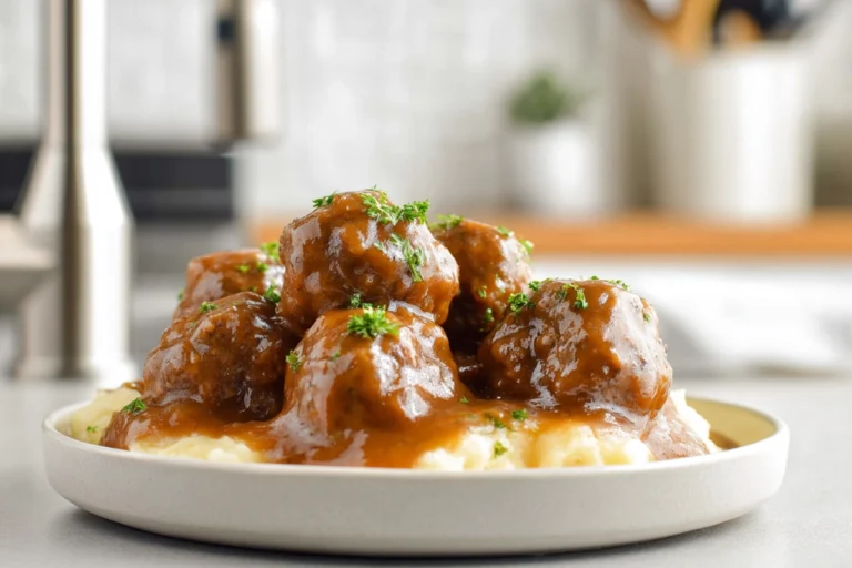 Slow Cooker Salisbury Steak Meatballs plated with rich gravy on a modern kitchen counter