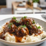 Slow Cooker Salisbury Steak Meatballs served with mashed potatoes and gravy on a white plate