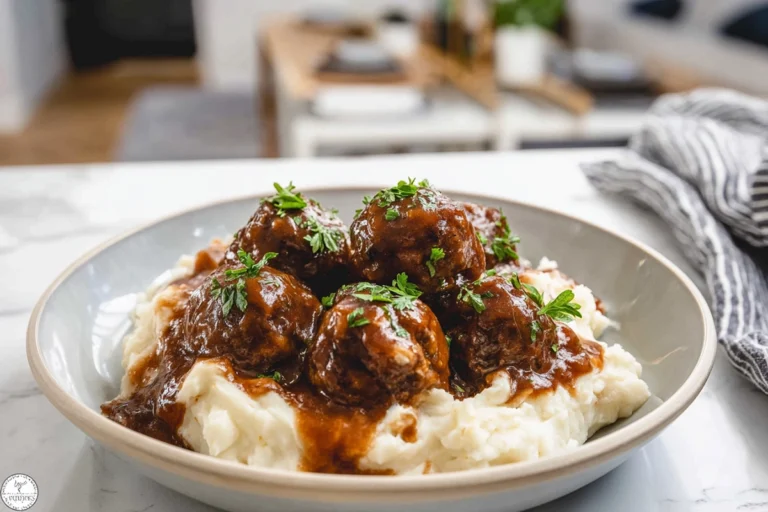 Slow Cooker Salisbury Steak Meatballs served with mashed potatoes and gravy on a white plate