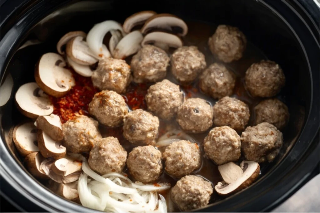 Frozen meatballs, onions, and mushrooms arranged in a slow cooker for Salisbury Steak Meatballs