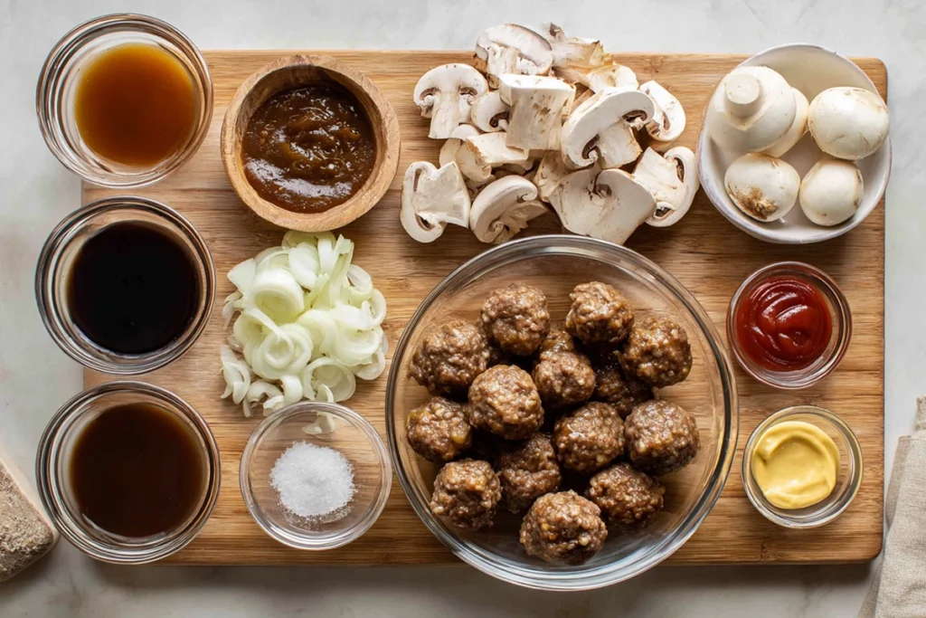 Overhead image of Slow Cooker Salisbury Steak Meatballs ingredients arranged in clear bowls